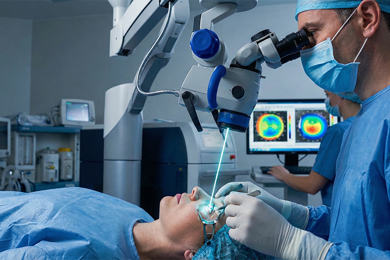 Surgeon performing LASIK eye surgery using laser equipment in a clinical setting