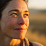 Woman outdoors enjoying clear vision after laser eye surgery, no glasses, golden hour light