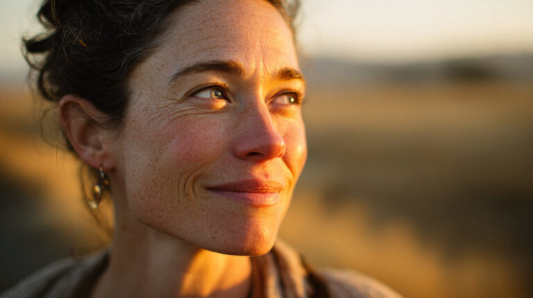 Woman outdoors enjoying clear vision after laser eye surgery, no glasses, golden hour light