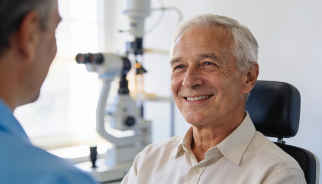 Ophthalmologist discussing cataract surgery timing with a senior patient during an eye evaluation.
