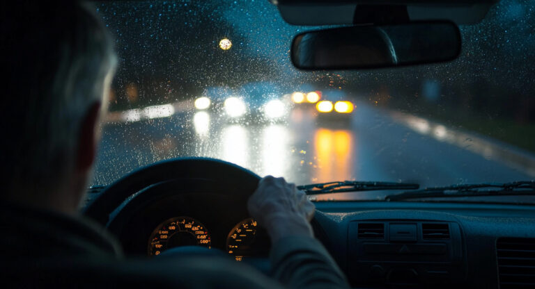 Senior driver experiencing headlight glare and halos at night, a common symptom of worsening cataracts.